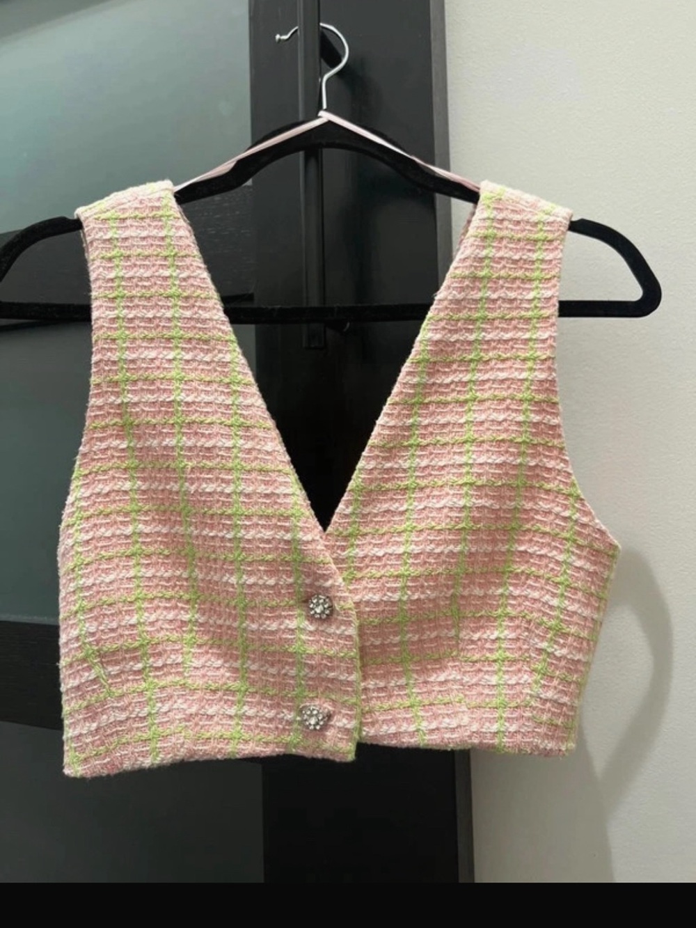 Tweed cropped vest - pink and green plaid